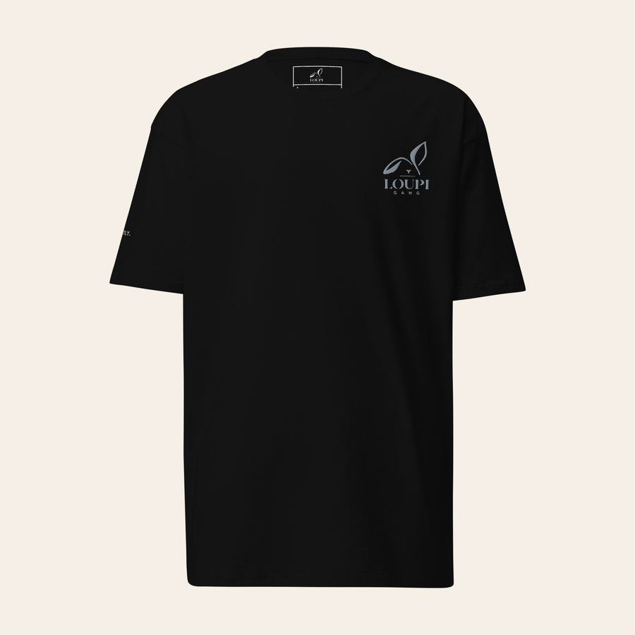 LOUPI GANG Signature Heavyweight Tee in Black, front view, grey embroidered rabbit logo on the left chest