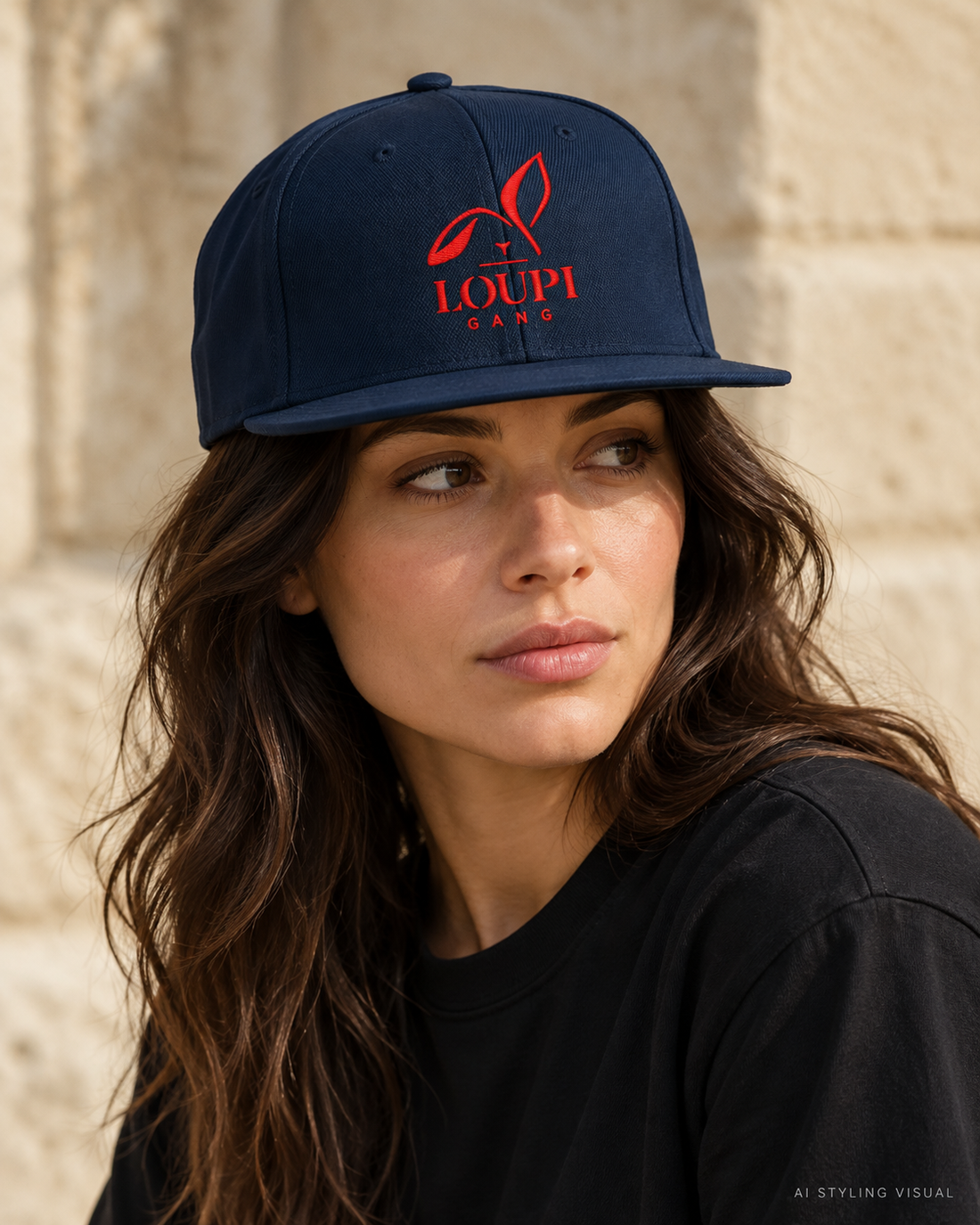 AI styling visualization — woman wearing dark navy LOUPI GANG Icon Snapback with red embroidery