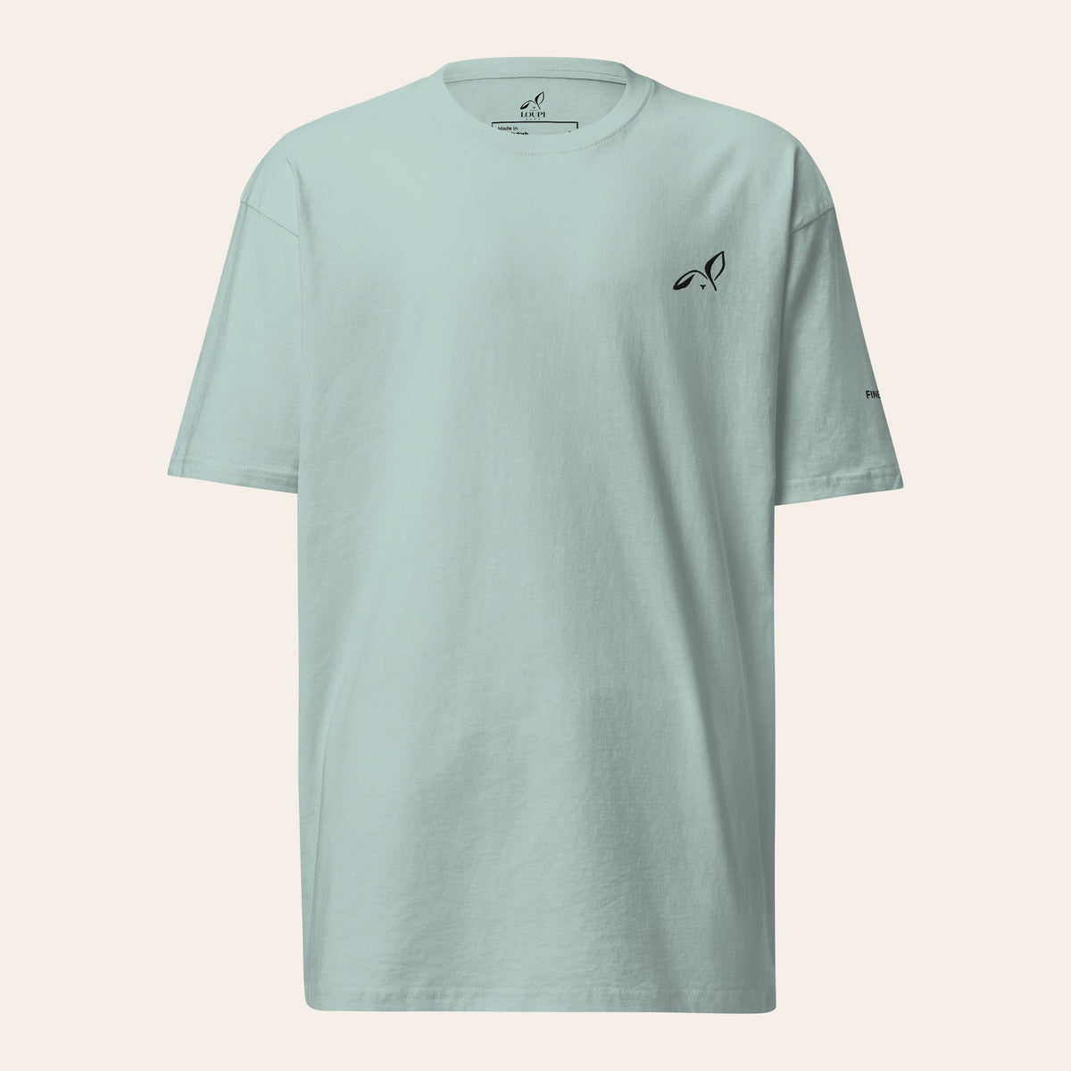LOUPI GANG Fine Print Tee in Agave, front view, small black embroidered rabbit on the left chest.