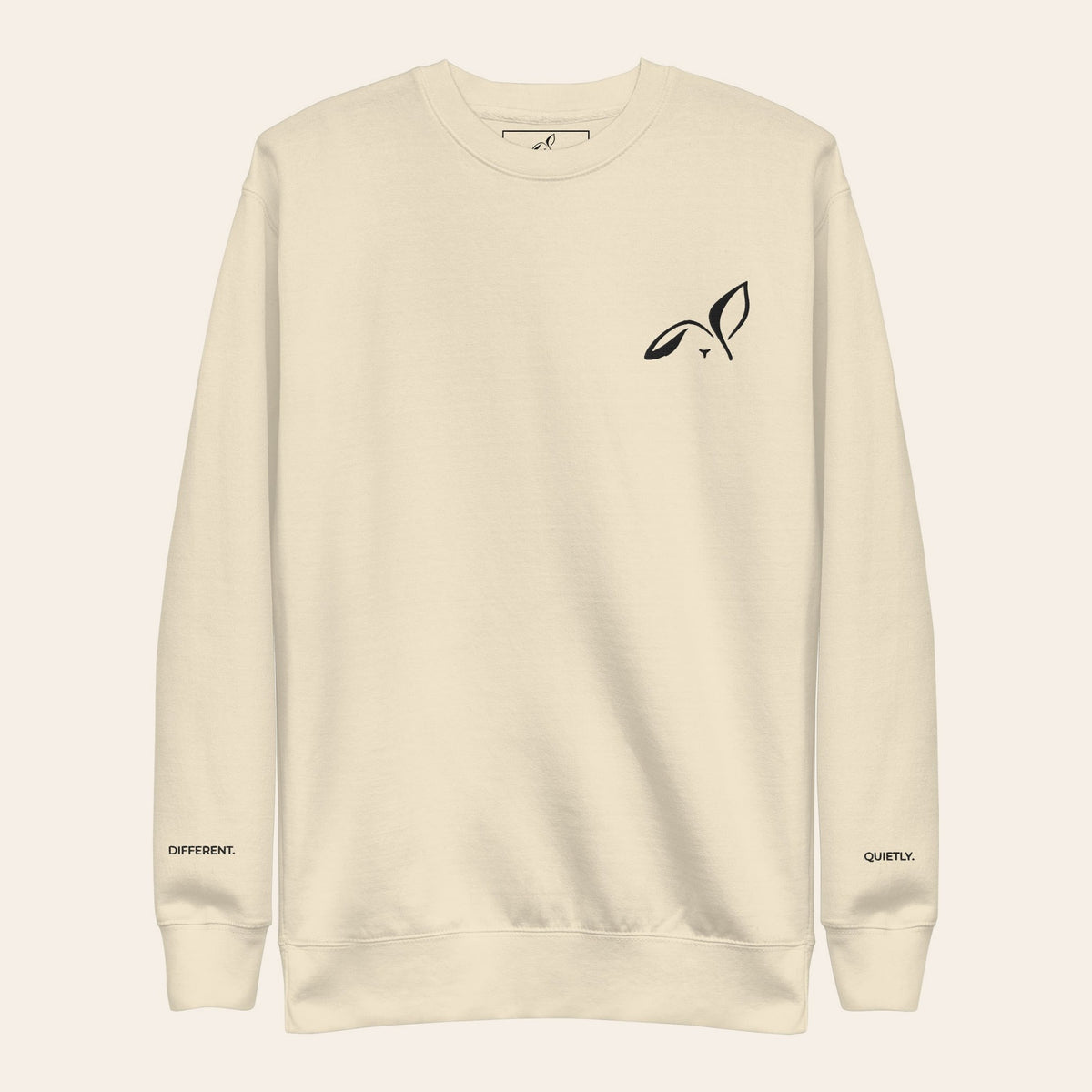 LOUPI GANG Morning Edition Crew in Bone, front view, small black embroidered rabbit on the left chest and black embroidered text on both cuffs.