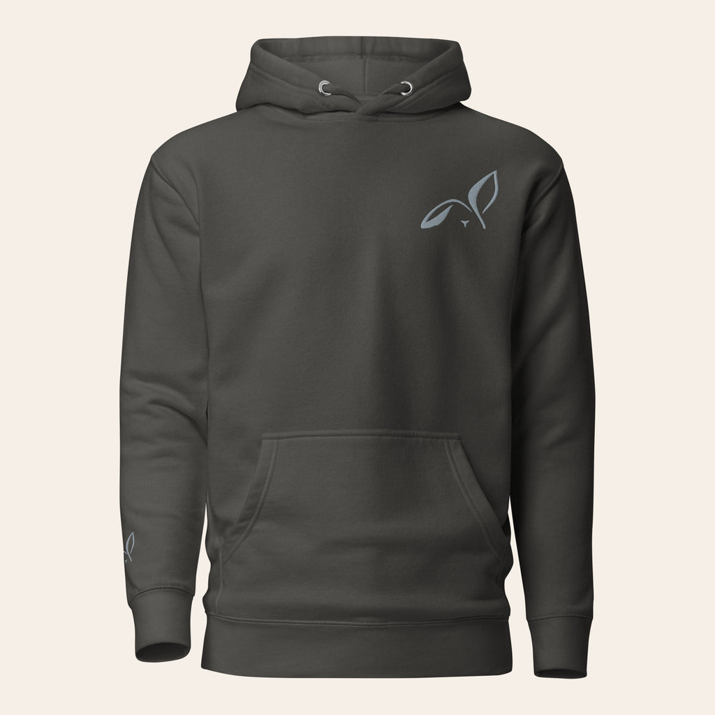 LOUPI GANG Noticed Later Hoodie in Vintage Black, front view, grey embroidered rabbit on the left chest and a small grey rabbit on the right cuff.