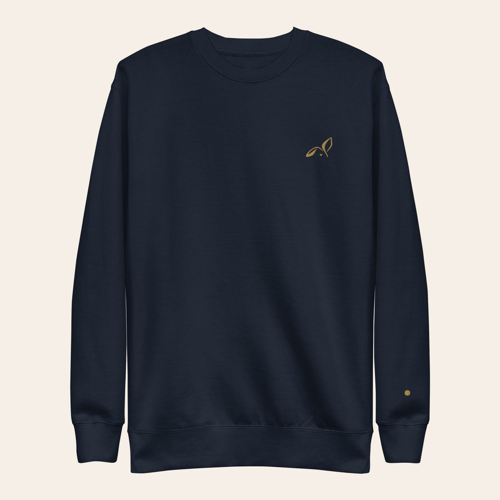 LOUPI GANG Off The Record Crew in Navy Blazer, front view, Old Gold embroidered rabbit on the left chest and a small gold dot on the left cuff.