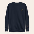 LOUPI GANG Off The Record Crew in Navy Blazer, front view, Old Gold embroidered rabbit on the left chest and a small gold dot on the left cuff.
