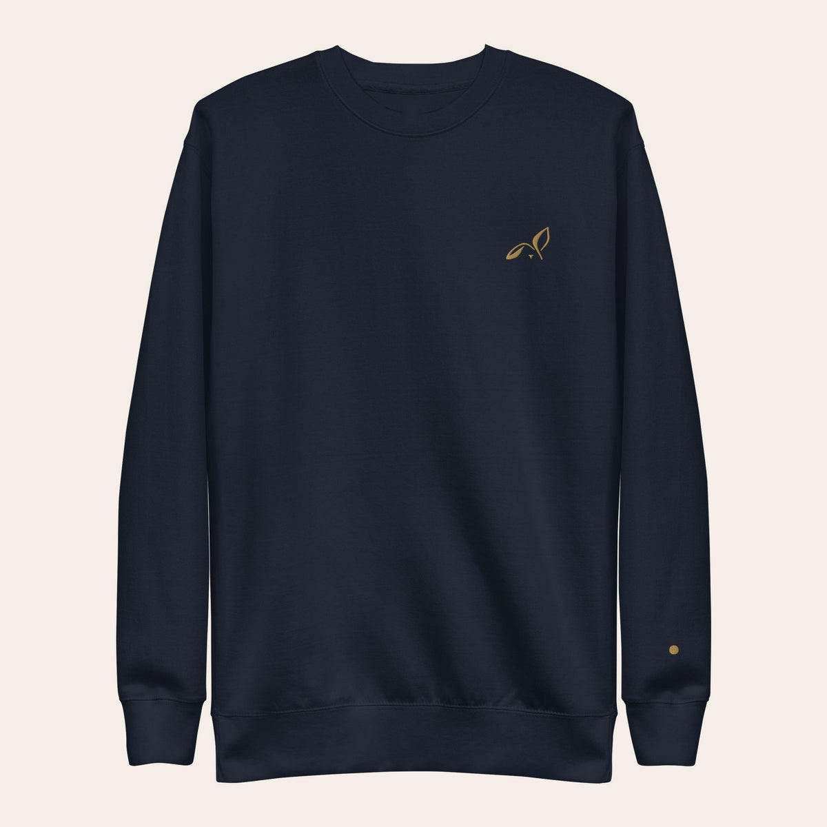 LOUPI GANG Off The Record Crew in Navy Blazer, front view, Old Gold embroidered rabbit on the left chest and a small gold dot on the left cuff.