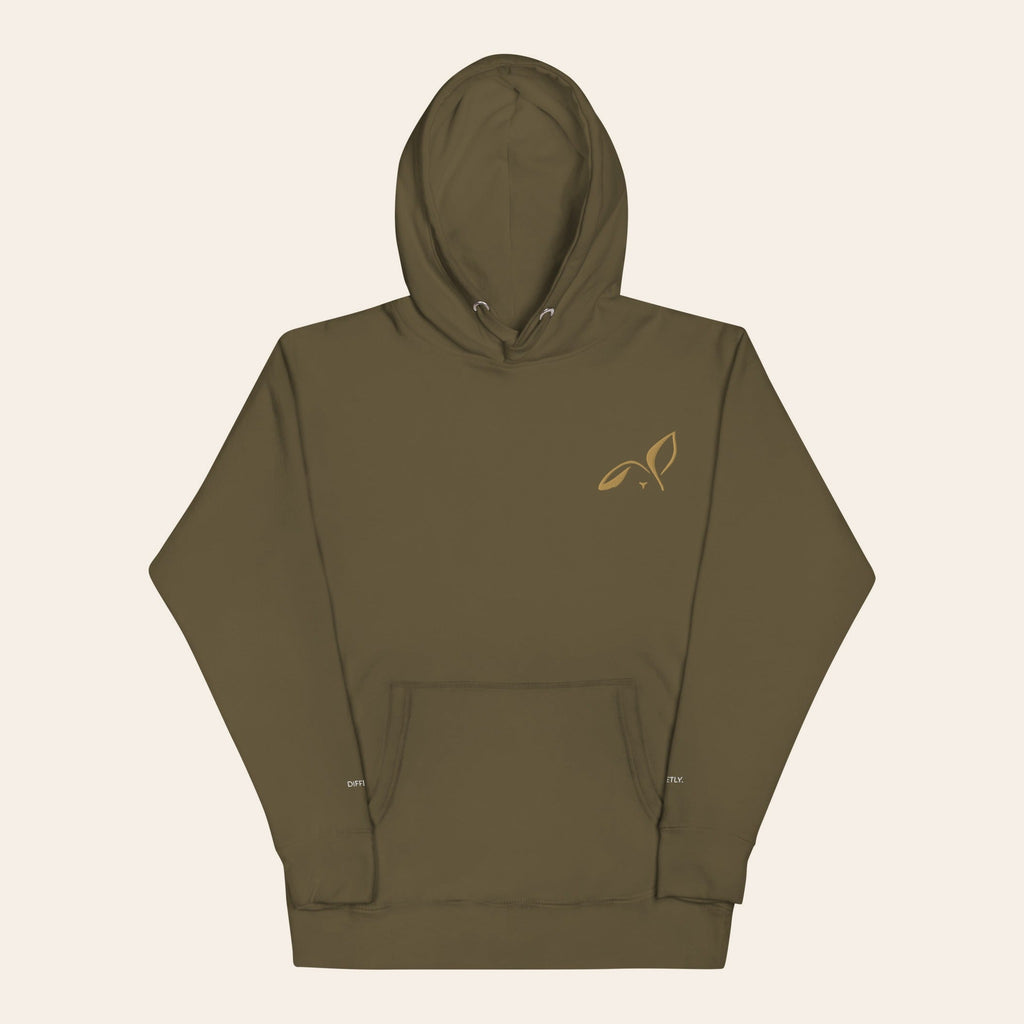 LOUPI GANG Second Look Hoodie in Military Green, front view, small Old Gold embroidered rabbit on the left chest and white embroidered text on both cuffs.