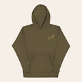 LOUPI GANG Second Look Hoodie in Military Green, front view, small Old Gold embroidered rabbit on the left chest and white embroidered text on both cuffs.