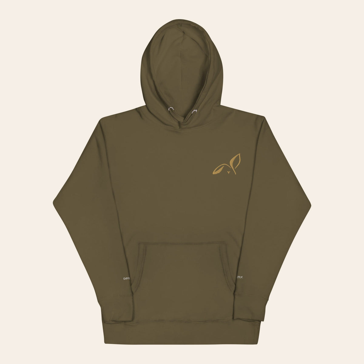 LOUPI GANG Second Look Hoodie in Military Green, front view, small Old Gold embroidered rabbit on the left chest and white embroidered text on both cuffs.