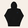 LOUPI GANG Side Note Hoodie in Black, front view, light blue embroidered rabbit on the left chest and SIDE NOTE. embroidered vertically in white on the left cuff.