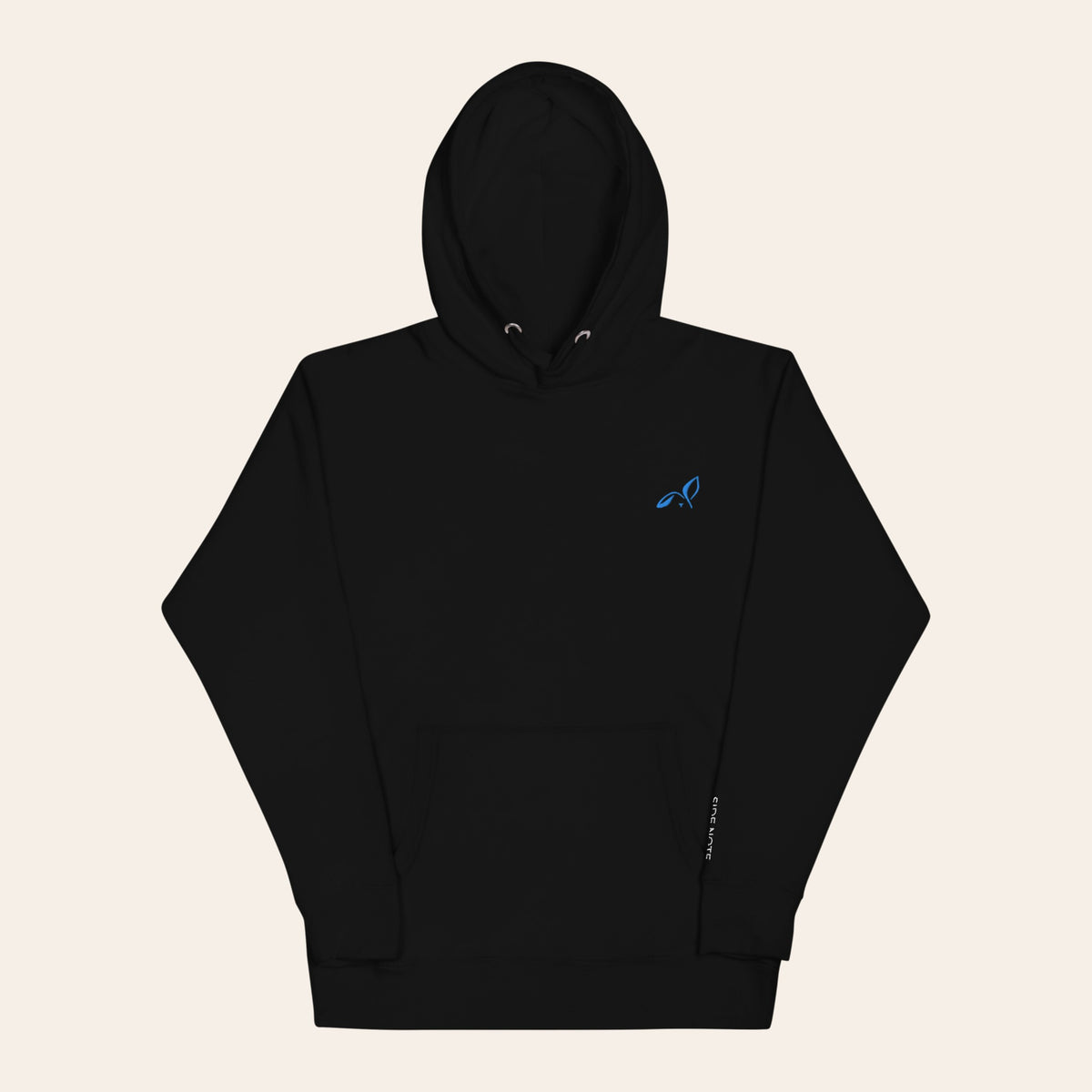 LOUPI GANG Side Note Hoodie in Black, front view, light blue embroidered rabbit on the left chest and SIDE NOTE. embroidered vertically in white on the left cuff.