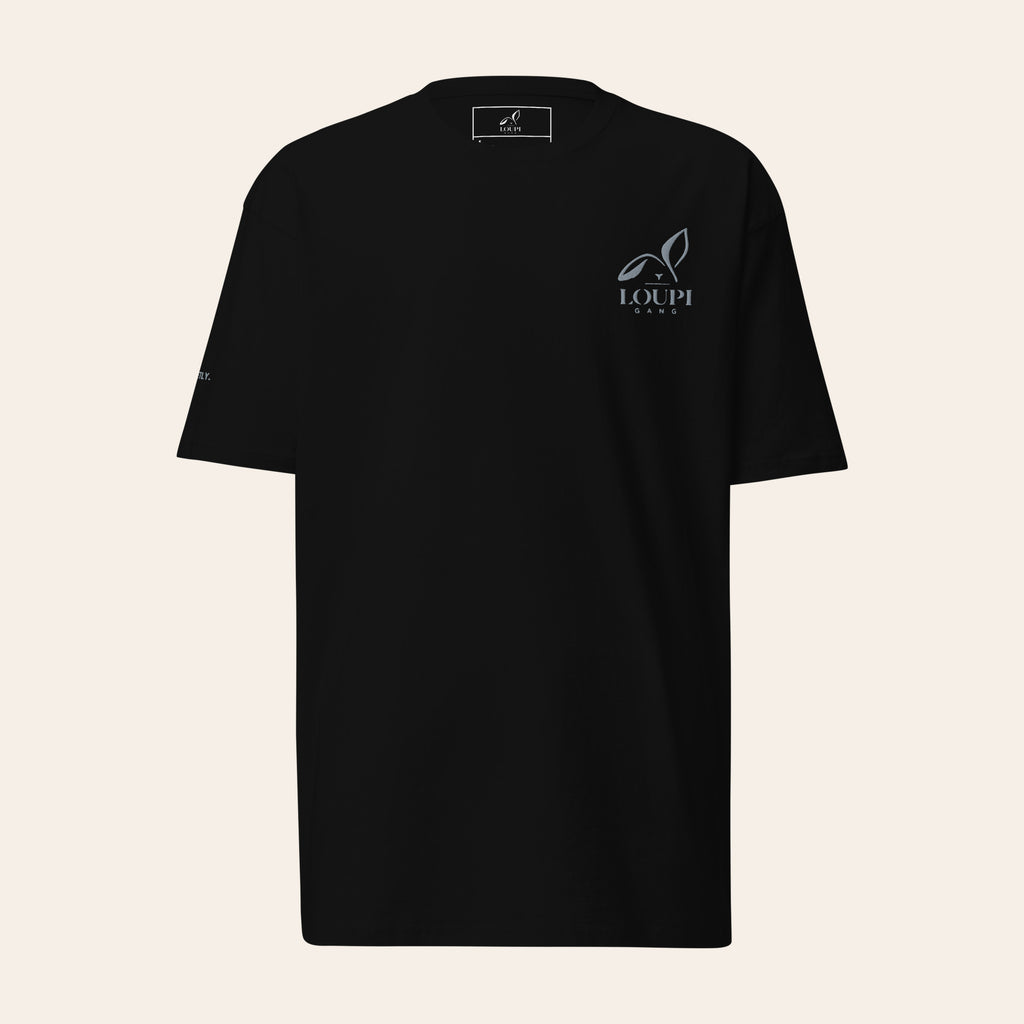 LOUPI GANG Signature Heavyweight Tee in Black, front view, grey embroidered rabbit logo on the left chest