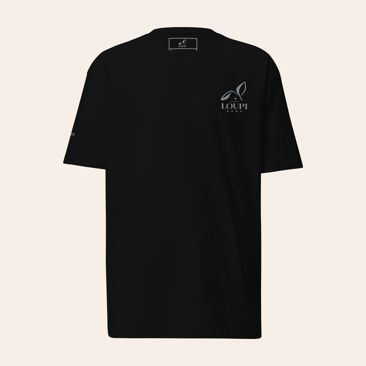 LOUPI GANG Signature Heavyweight Tee in Black, front view, grey embroidered rabbit logo on the left chest