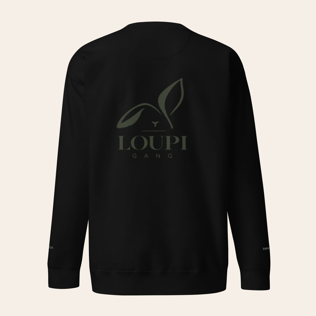 LOUPI GANG Afterhours Crew in Black, back view, large tone-on-tone olive rabbit logo across the upper back