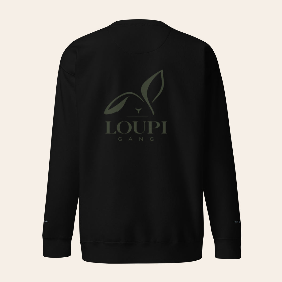 LOUPI GANG Afterhours Crew in Black, back view, large tone-on-tone olive rabbit logo across the upper back