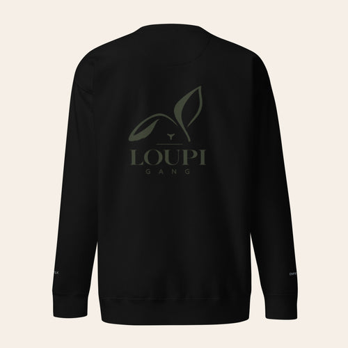 LOUPI GANG Afterhours Crew in Black, back view, large tone-on-tone olive rabbit logo across the upper back