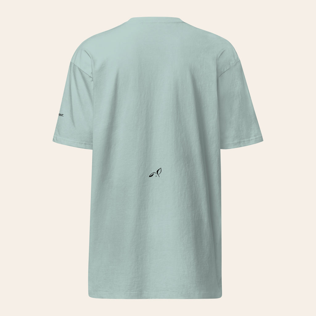 LOUPI GANG Fine Print Tee in Agave, back view, a small black rabbit printed low on the back.