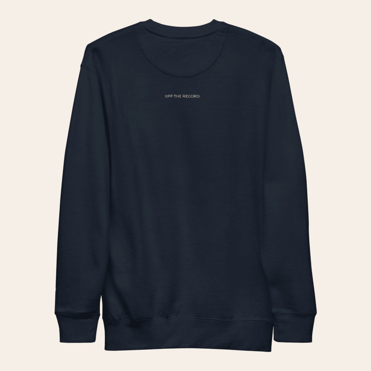 LOUPI GANG Off The Record Crew in Navy Blazer, back view, OFF THE RECORD. printed small in sand on the upper back, just below the collar.