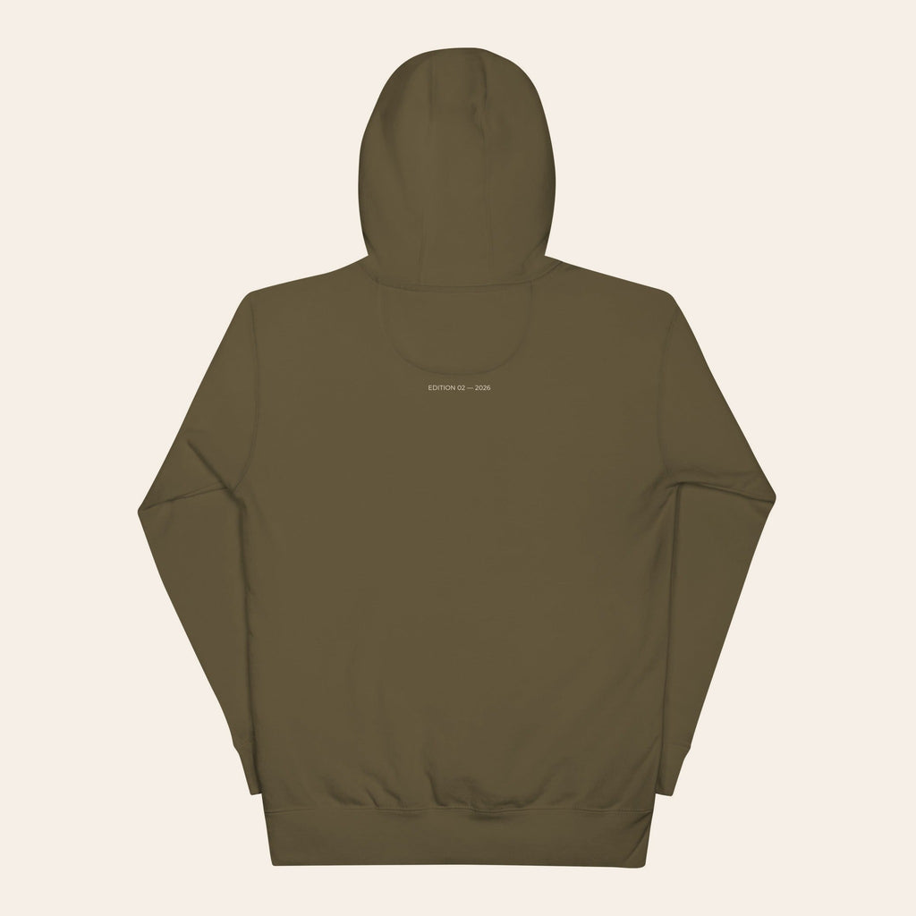 LOUPI GANG Second Look Hoodie in Military Green, back view, EDITION 02 — 2026 printed in sand just below the hood.