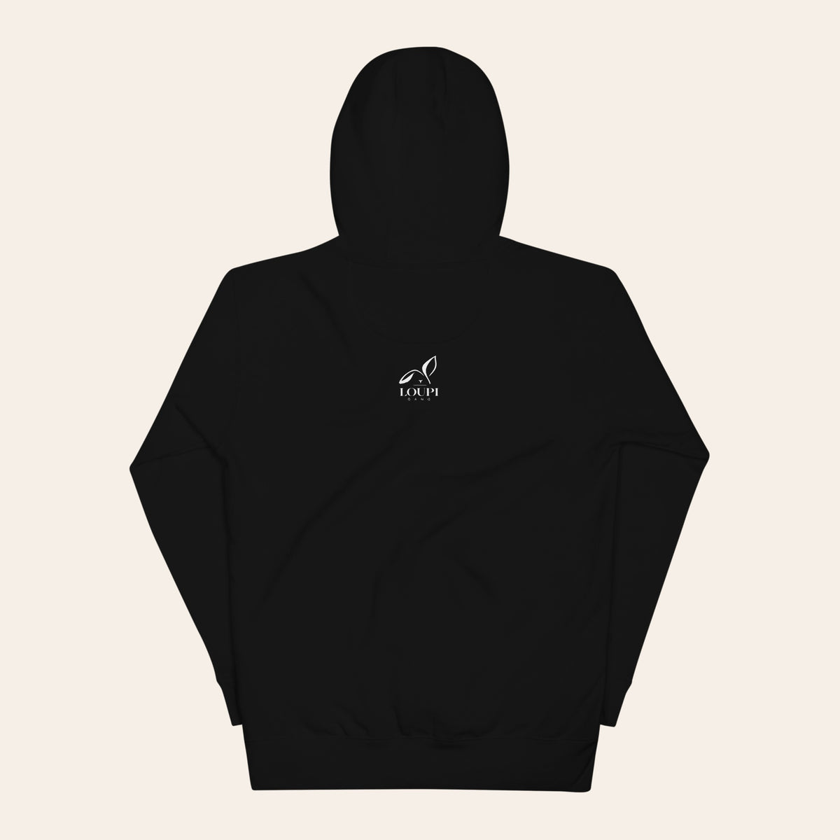 LOUPI GANG Side Note Hoodie in Black, back view, the white LOUPI GANG logo printed on the upper back, just under the hood.