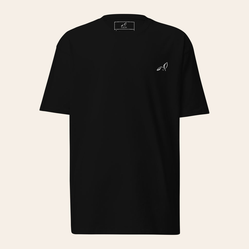 LOUPI GANG Signature Embroidered Tee in Black, front view, small white embroidered rabbit on the left chest.