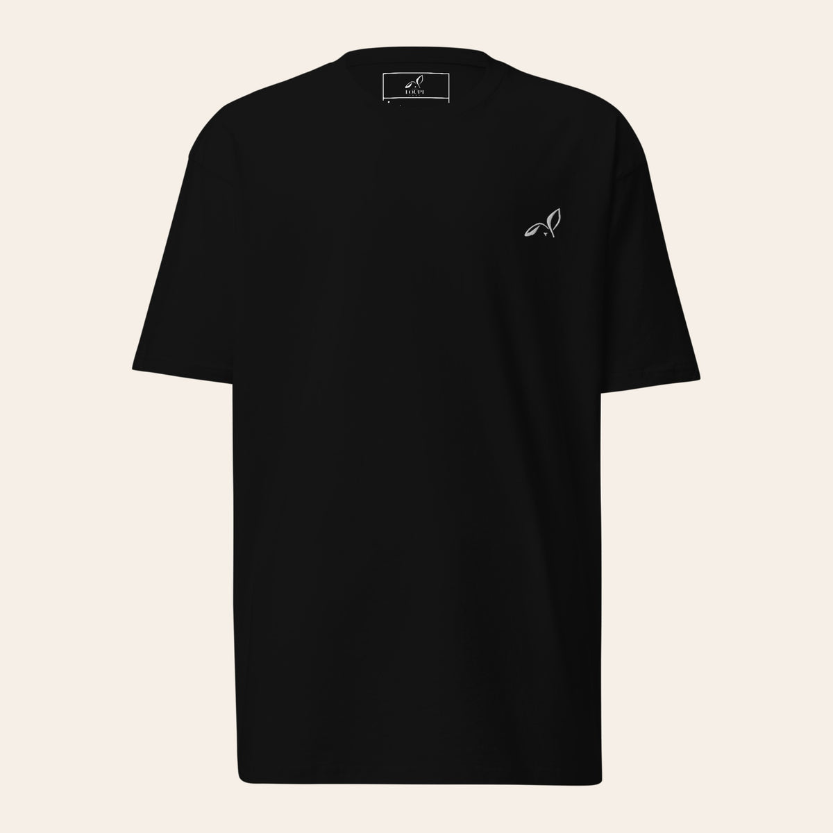 LOUPI GANG Signature Embroidered Tee in Black, front view, small white embroidered rabbit on the left chest.
