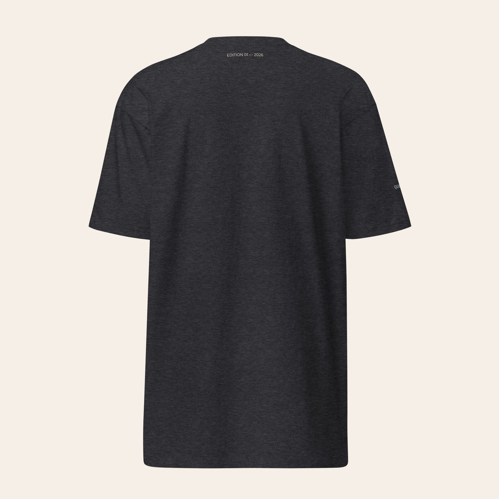 LOUPI GANG Signature Heavyweight Tee in Charcoal Heather, back view, small EDITION 01 — 2026 print below the collar