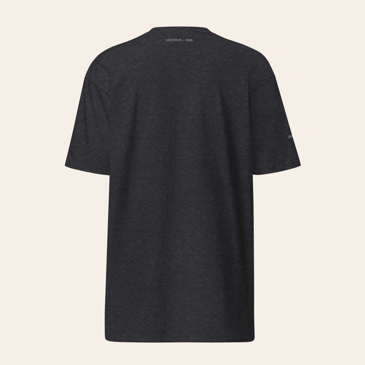 LOUPI GANG Signature Heavyweight Tee in Charcoal Heather, back view, small EDITION 01 — 2026 print below the collar