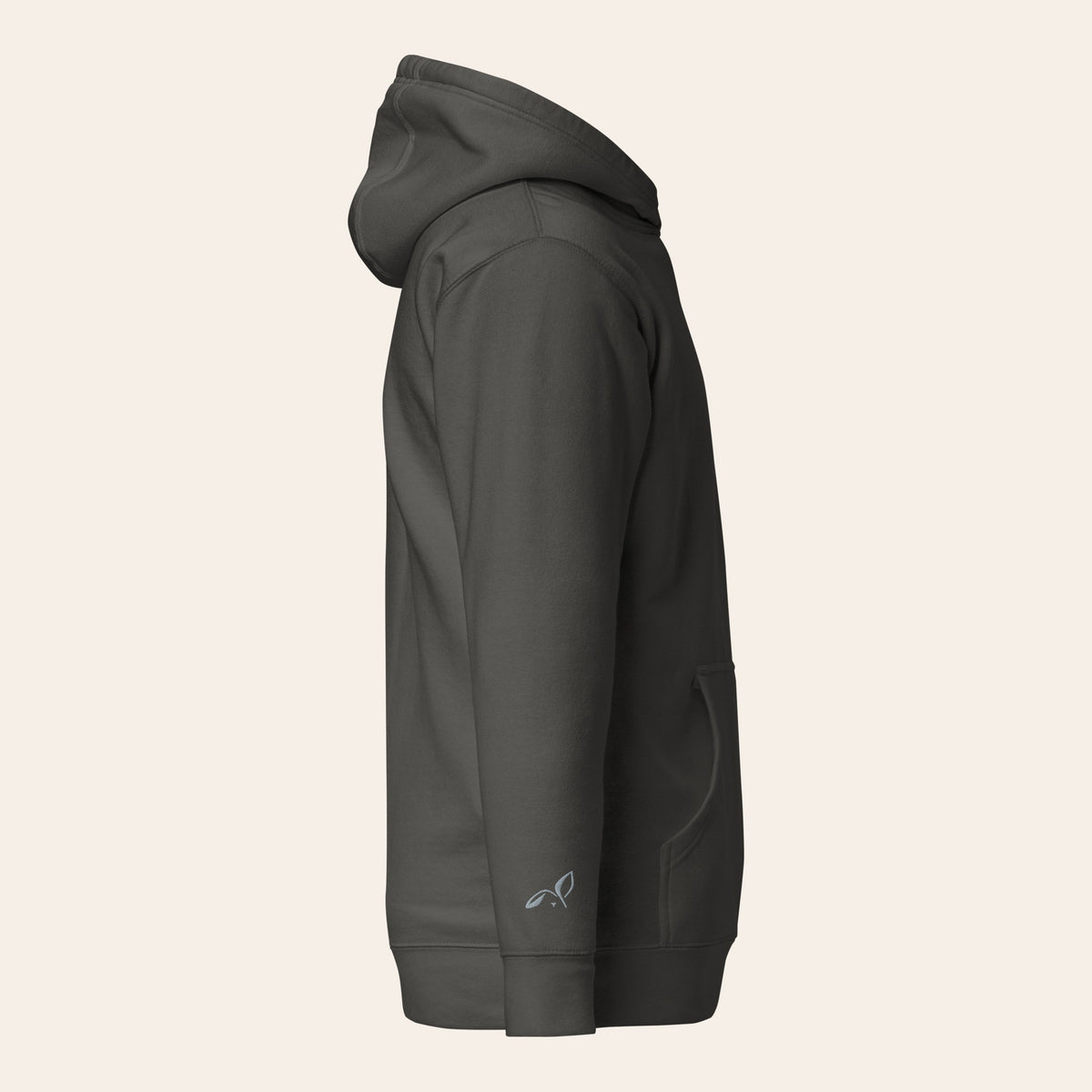 LOUPI GANG Noticed Later Hoodie in Vintage Black, right side view with the small grey rabbit embroidered on the wrist.