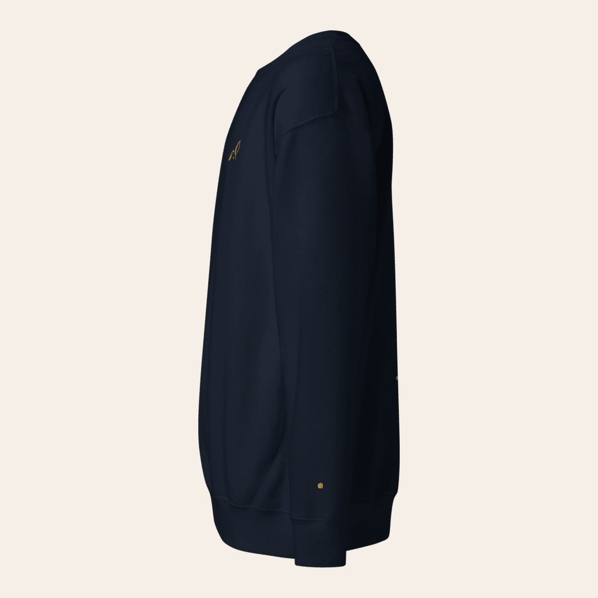 LOUPI GANG Off The Record Crew in Navy Blazer, left side view with the gold rabbit on the chest and the gold dot on the wrist.