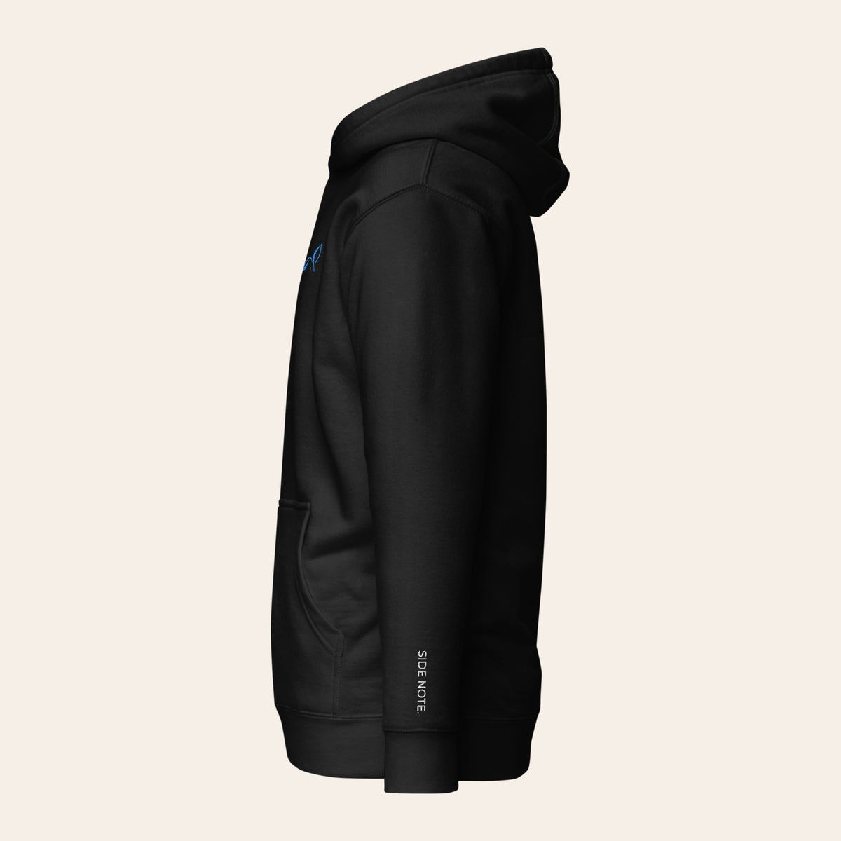 LOUPI GANG Side Note Hoodie in Black, left side view with the light blue rabbit at the chest edge and SIDE NOTE. on the wrist.