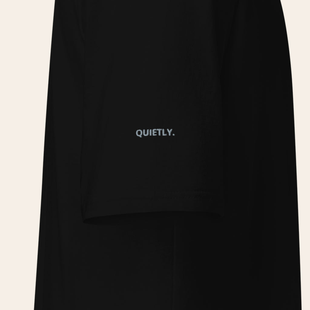 LOUPI GANG Signature Heavyweight Tee in Black, right sleeve with grey embroidered QUIETLY. lettering