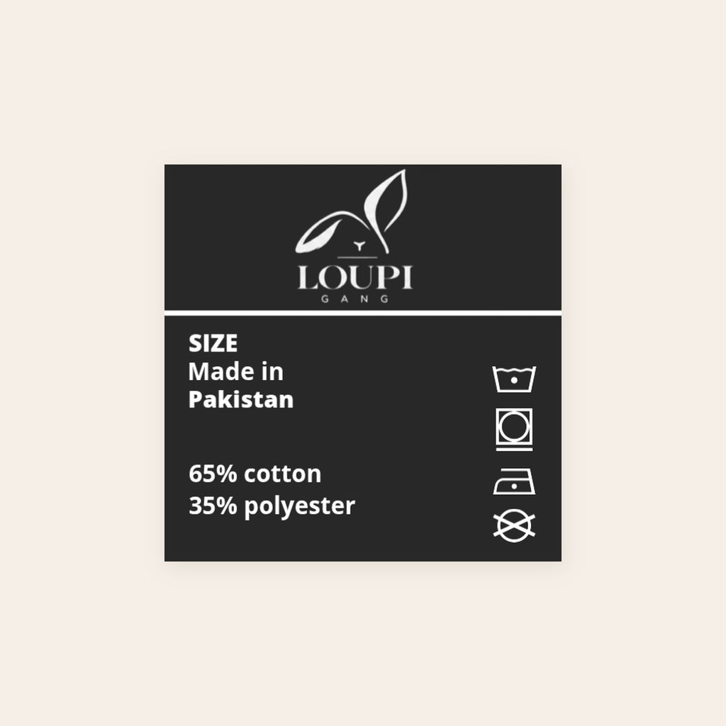 LOUPI GANG Afterhours Crew inside neck label printed with the white rabbit logo, Made in Pakistan, 65% cotton 35% polyester and care symbols