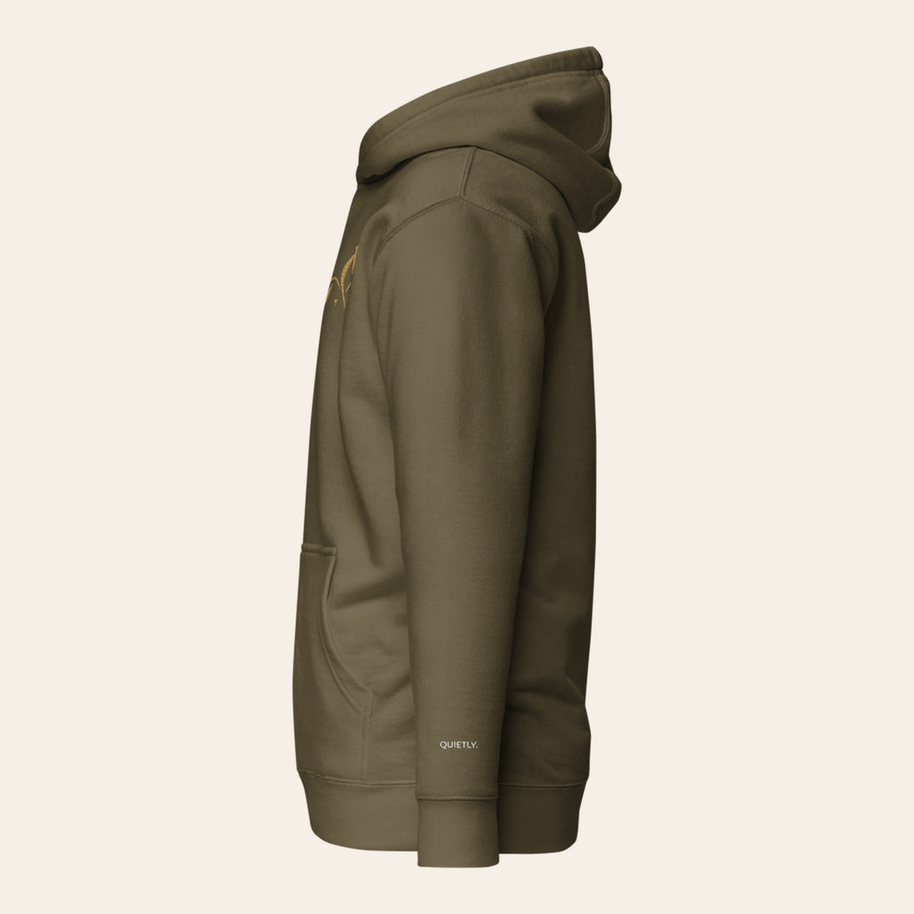 LOUPI GANG Second Look Hoodie in Military Green, left side view with QUIETLY. embroidered in white on the cuff.