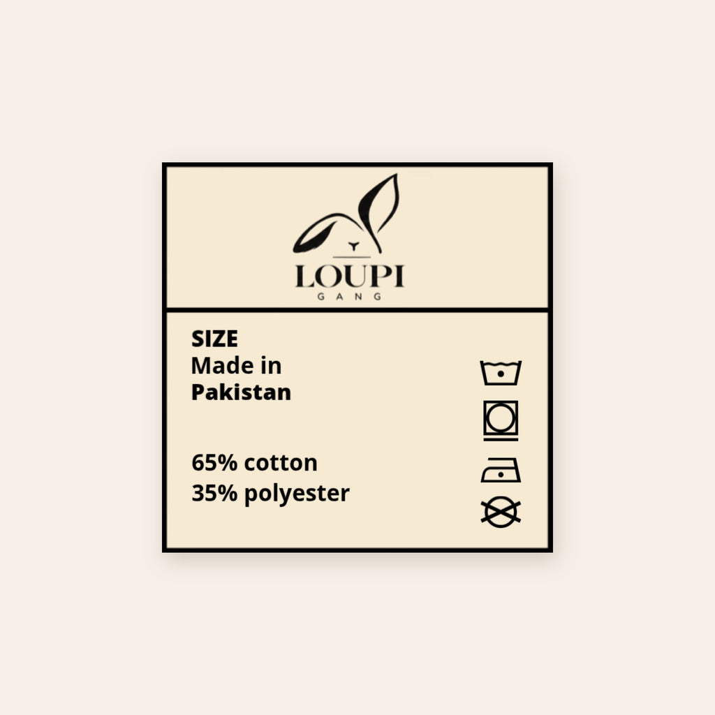 Inside neck label of the Morning Edition Crew: black LOUPI GANG logo, size, Made in Pakistan, 65% cotton 35% polyester, care symbols.