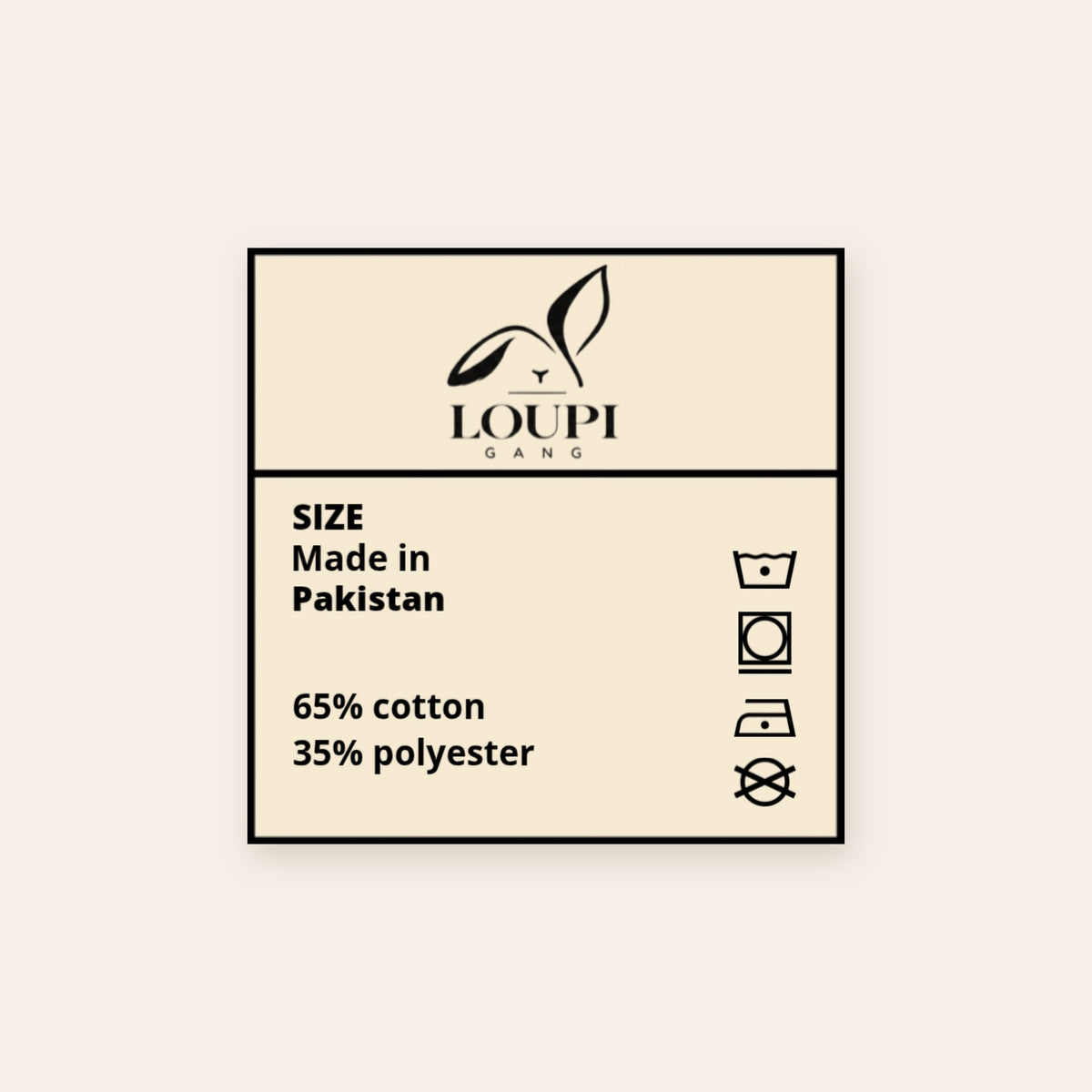 Inside neck label of the Morning Edition Crew: black LOUPI GANG logo, size, Made in Pakistan, 65% cotton 35% polyester, care symbols.