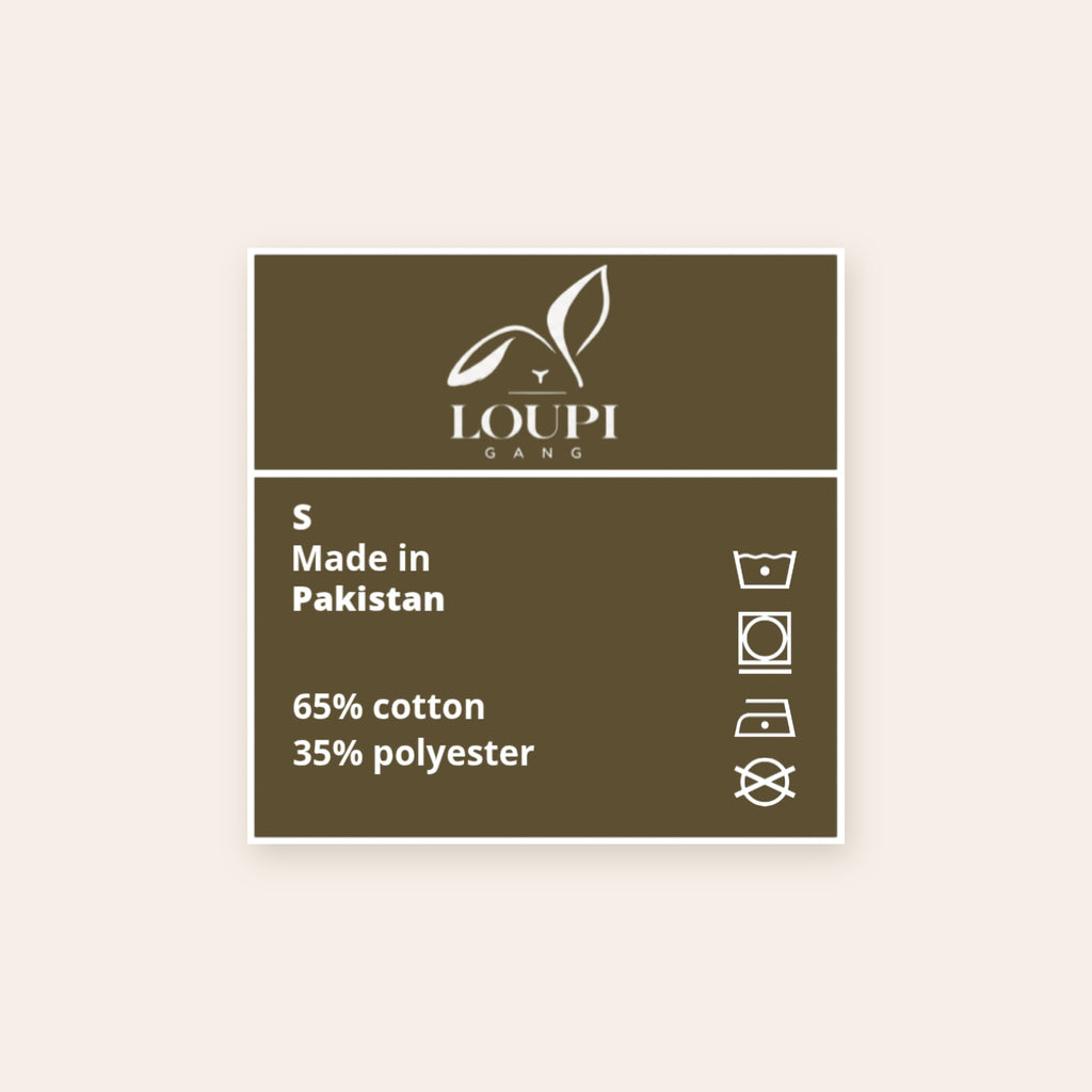Inside neck label of the Second Look Hoodie: white LOUPI GANG logo, size, Made in Pakistan, 65% cotton 35% polyester.