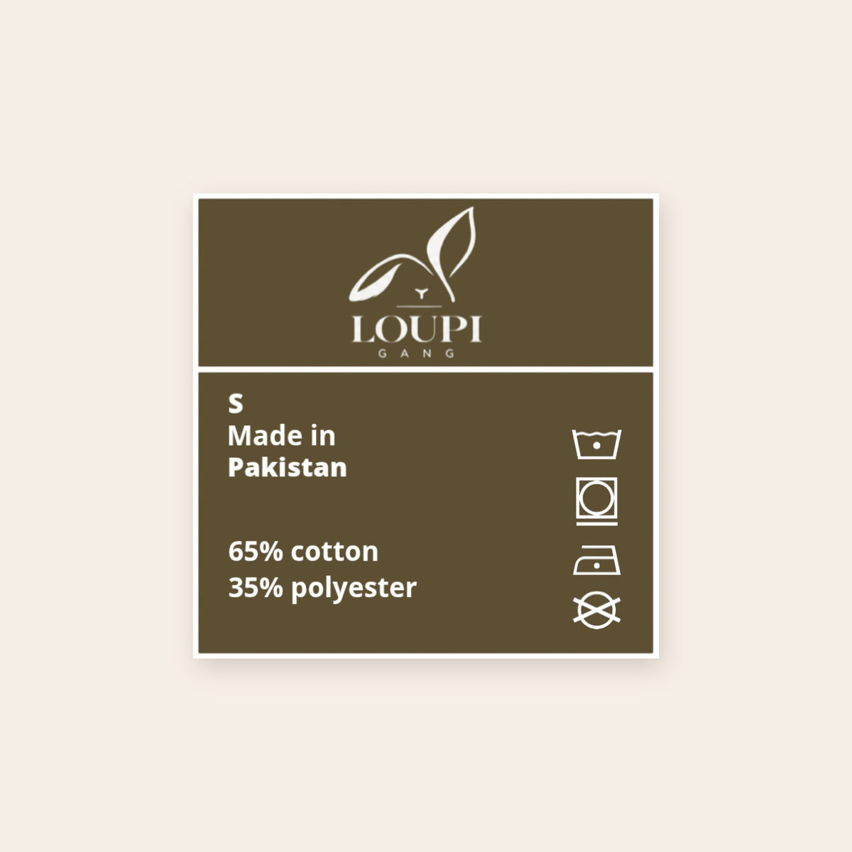 Inside neck label of the Second Look Hoodie: white LOUPI GANG logo, size, Made in Pakistan, 65% cotton 35% polyester.