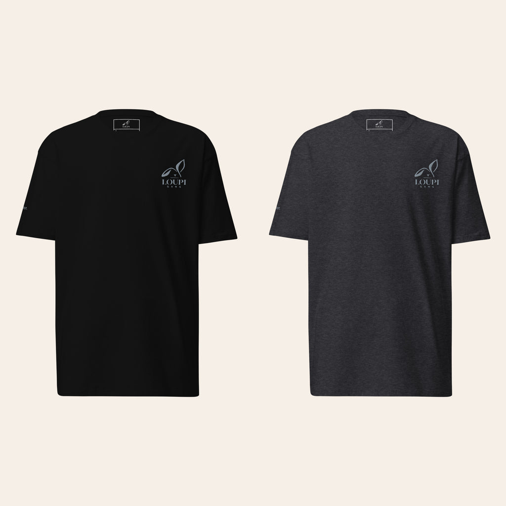 LOUPI GANG Signature Heavyweight Tee in Black and Charcoal Heather, front views side by side