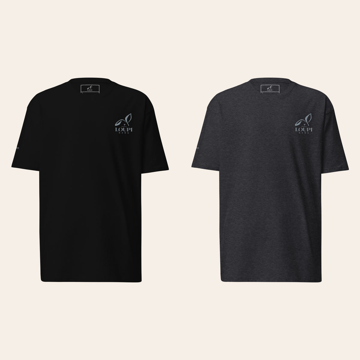 LOUPI GANG Signature Heavyweight Tee in Black and Charcoal Heather, front views side by side