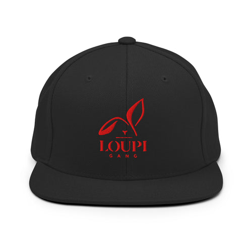 LOUPI GANG Icon Embroidered Snapback Cap in Black — front view digital product mockup
