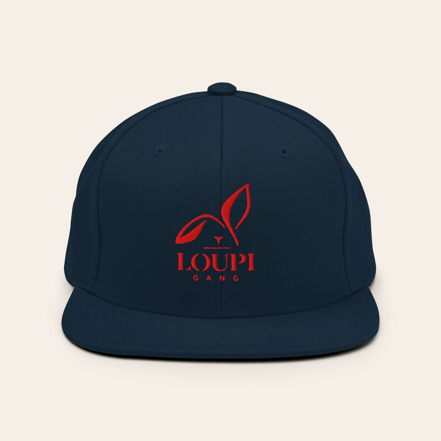 LOUPI GANG Icon Cap — embroidered rabbit on dark navy adjustable snapback, front view