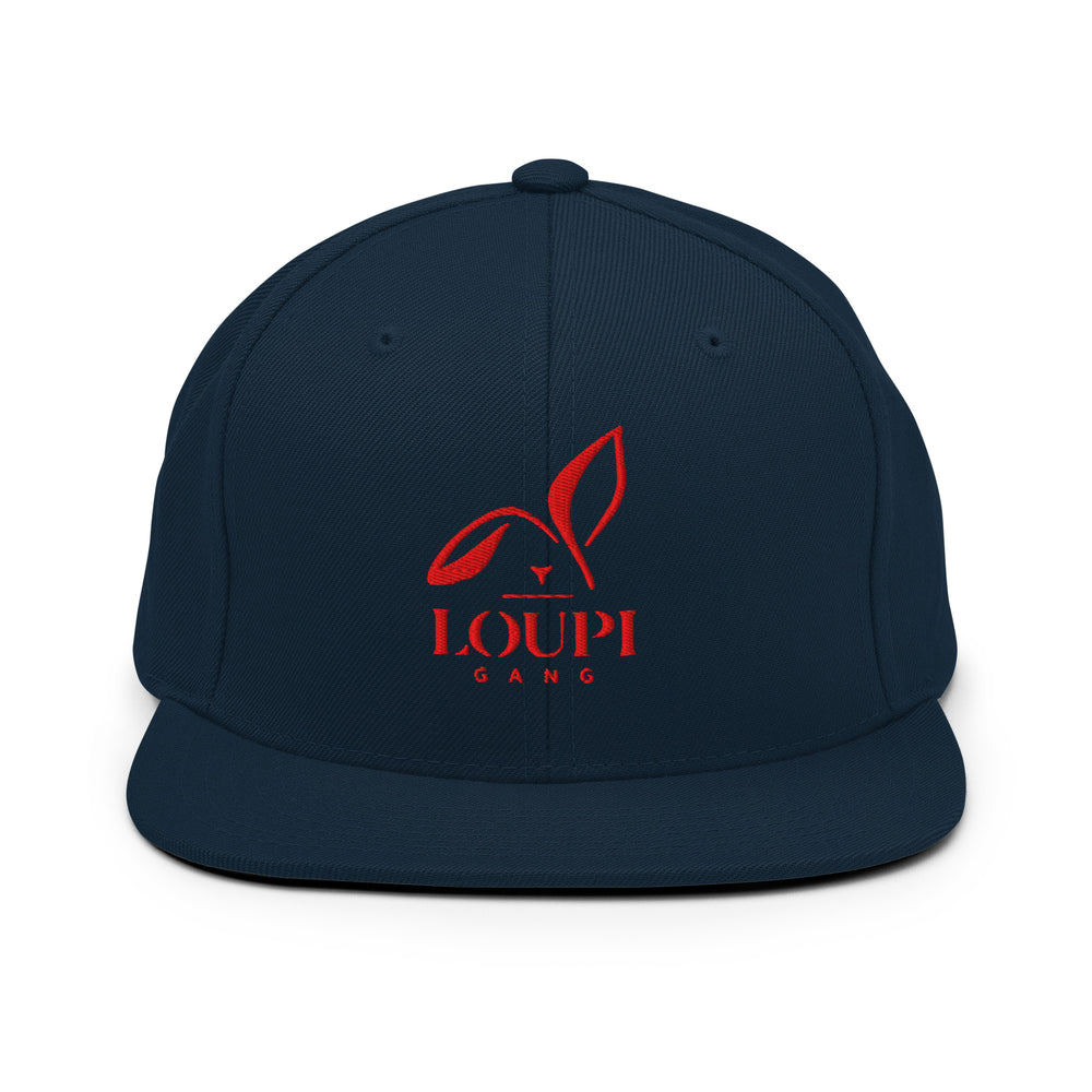 LOUPI GANG Icon Cap — embroidered rabbit on dark navy adjustable snapback, front view