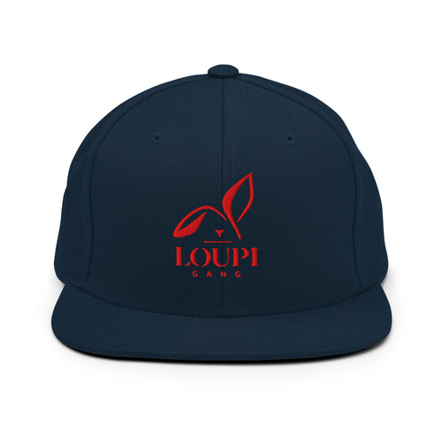 LOUPI GANG Icon Cap — embroidered rabbit on dark navy adjustable snapback, front view