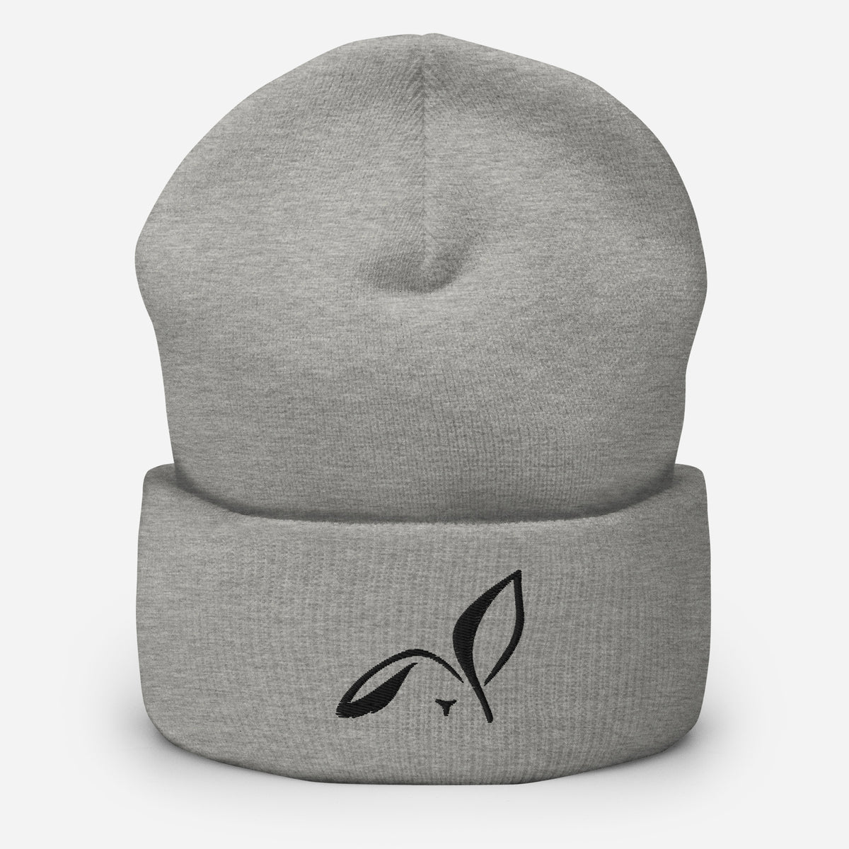 LOUPI GANG Icon Beanie in Heather Grey — black embroidered rabbit on cuff, digital product mockup