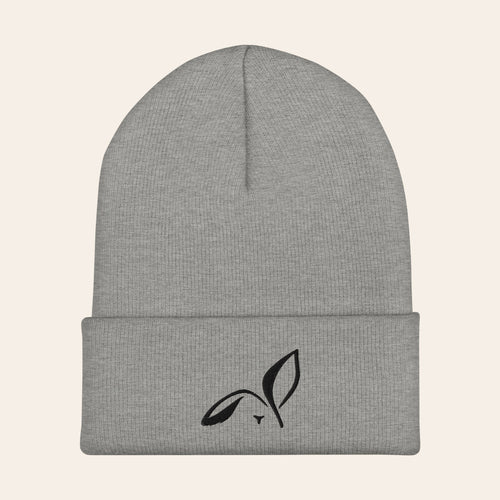 LOUPI GANG Icon Beanie in Heather Grey, front view, black embroidered rabbit on the folded cuff