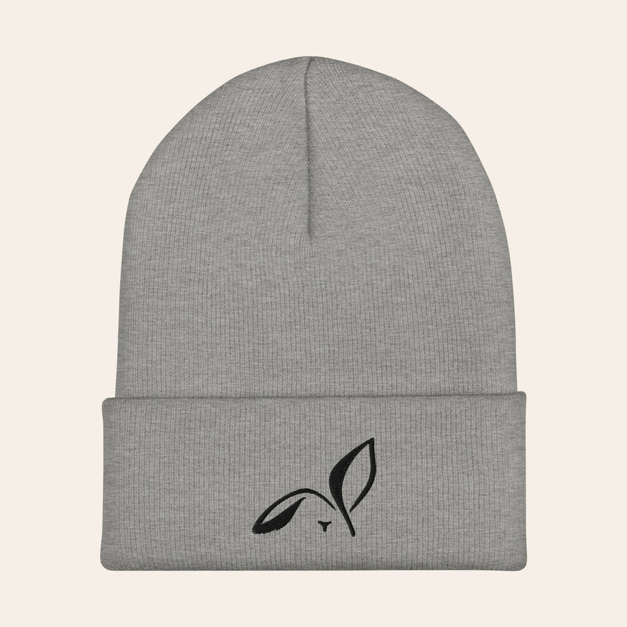 LOUPI GANG Icon Beanie in Heather Grey, front view, black embroidered rabbit on the folded cuff