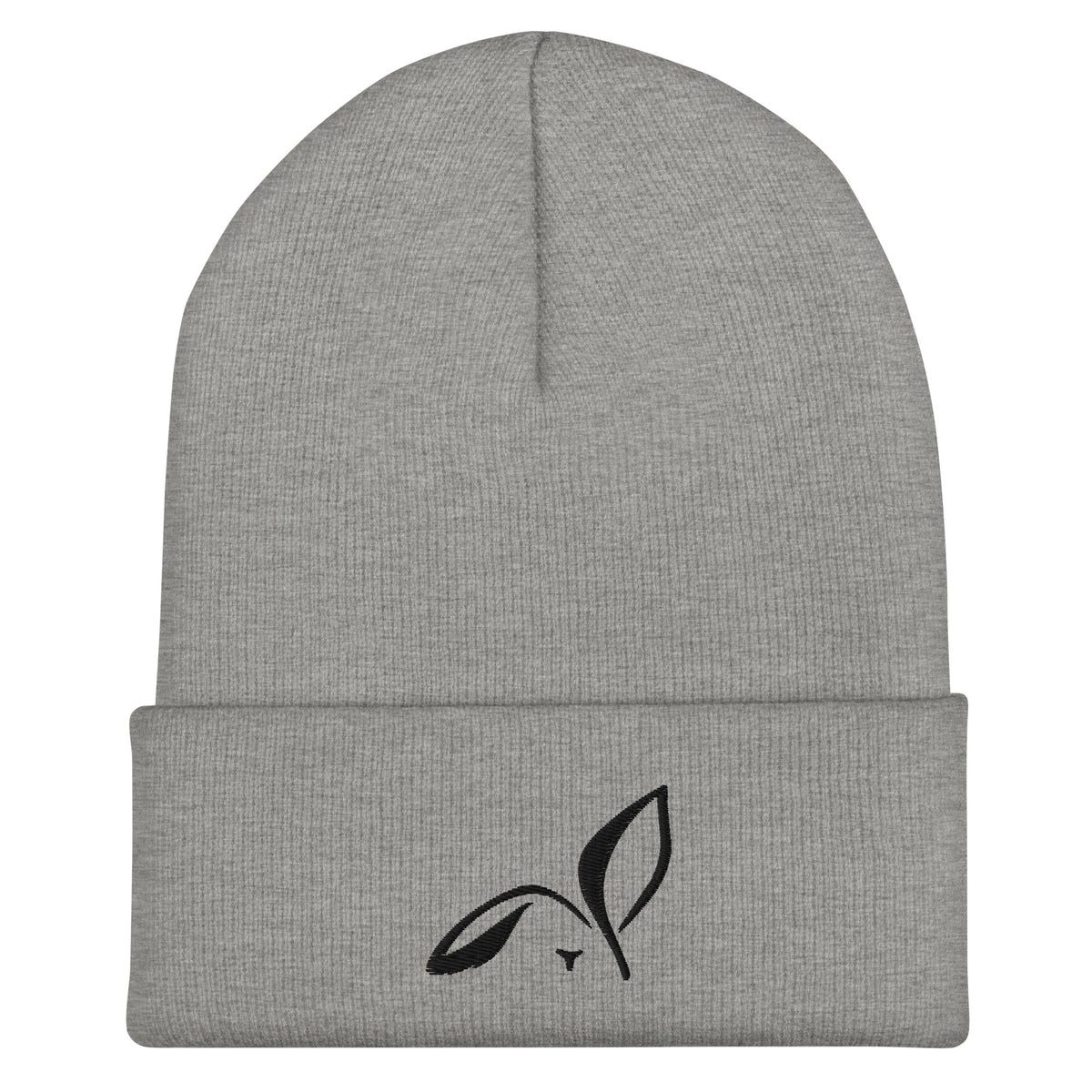 LOUPI GANG Icon Beanie in Heather Grey — black embroidered rabbit on cuff, digital product mockup