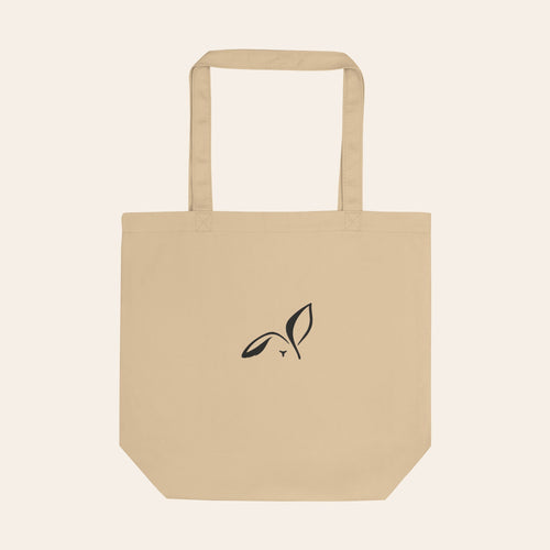 LOUPI GANG Everyday Organic Tote in Oyster, flat front view, black embroidered rabbit and long handles