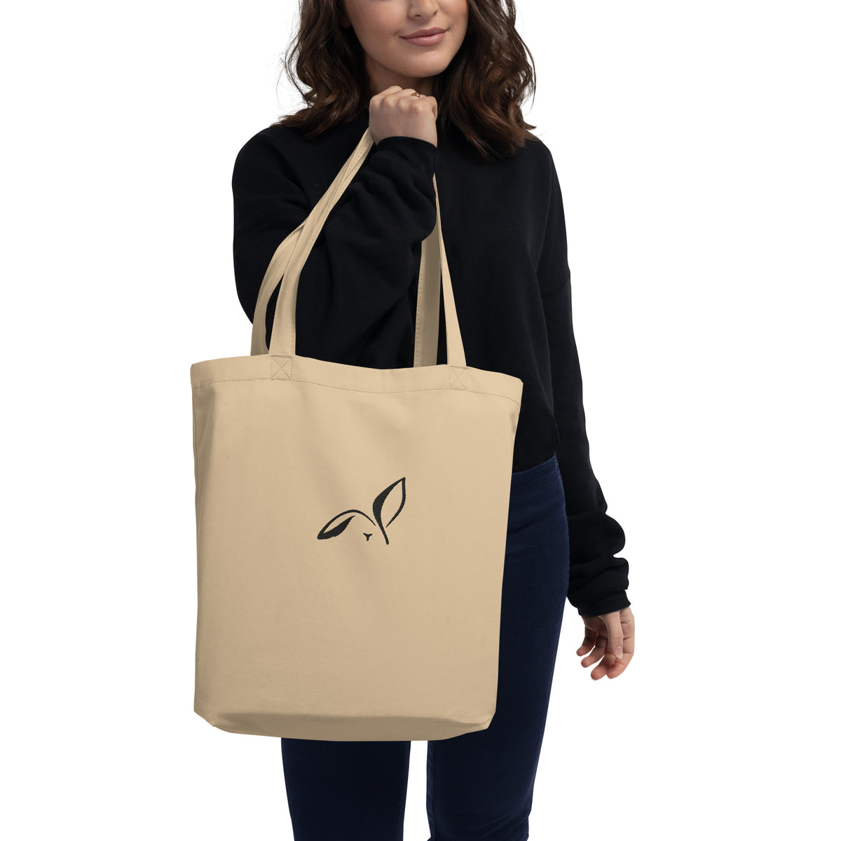 LOUPI GANG Everyday Organic Tote in Oyster — black embroidered front rabbit, digital product mockup