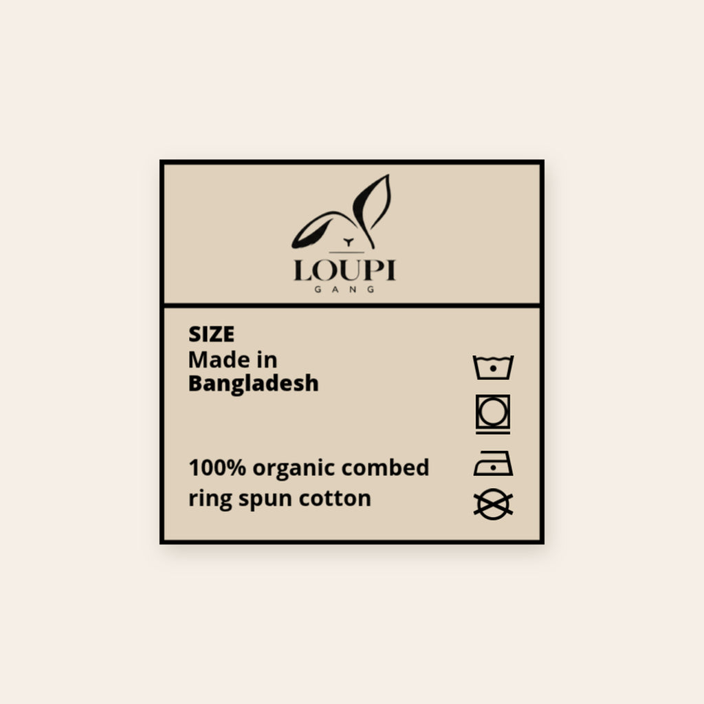 LOUPI GANG Essential Organic Tee inside neck label printed with the rabbit logo, Made in Bangladesh, 100% organic cotton and care symbols