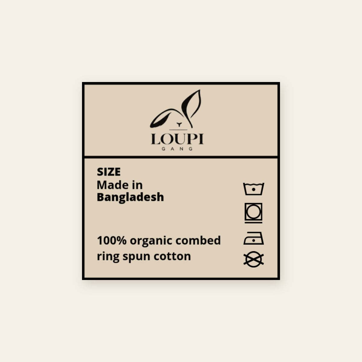 LOUPI GANG Essential Organic Tee inside neck label printed with the rabbit logo, Made in Bangladesh, 100% organic cotton and care symbols